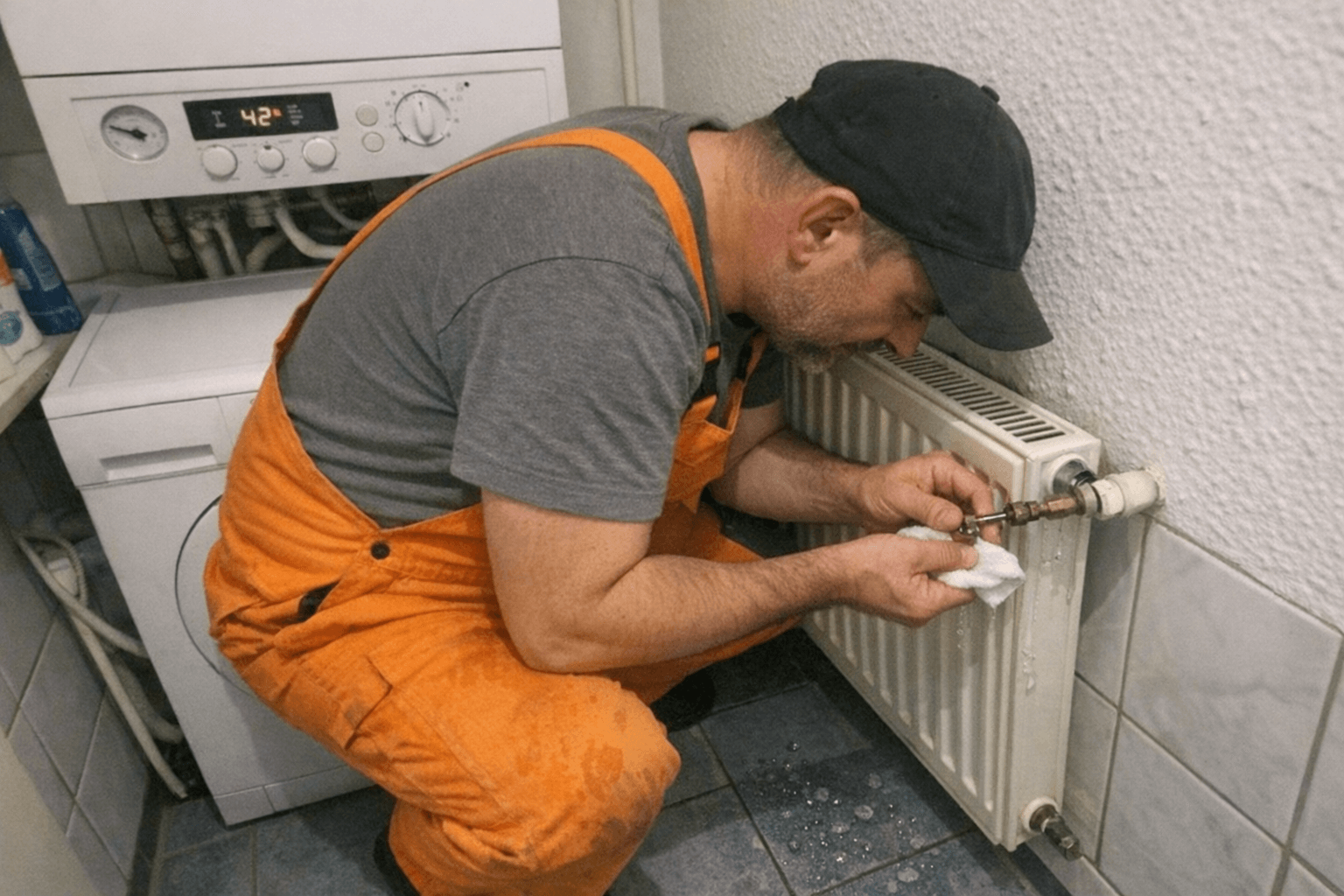 Servicetechniker prüft eine wandhängende Kombitherme im Badezimmer, daneben liegen Dichtungen und Schraubendreher