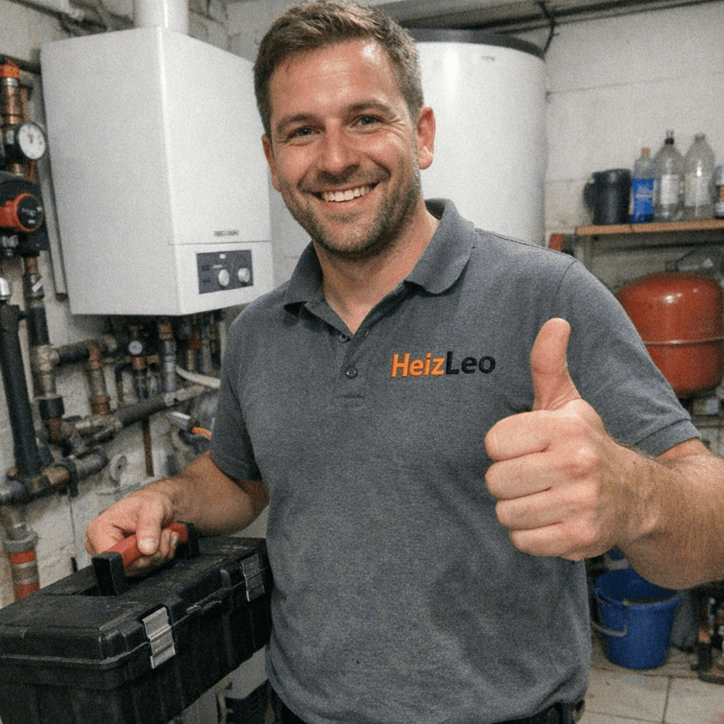 Monteur in Arbeitskleidung prüft mit Manometer den Heizungsdruck im Keller eines Einfamilienhauses