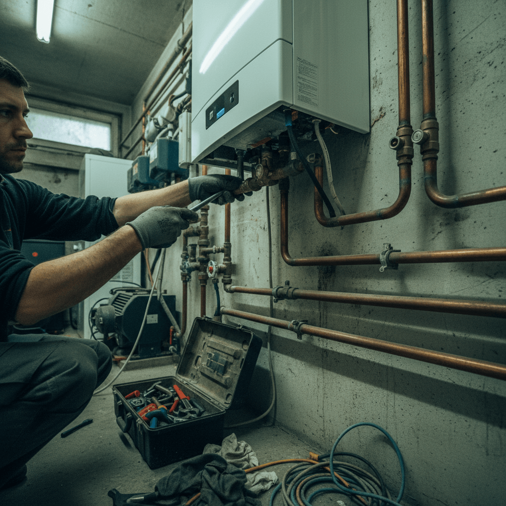 Techniker demontiert die Frontverkleidung eines Heizkessels und prüft die Elektronik mit einem Messgerät