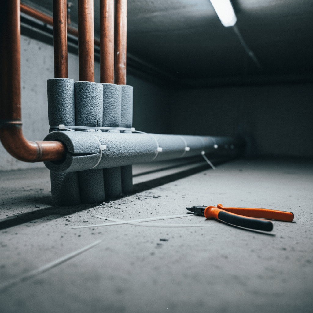 Dämmhülsen werden an freiliegenden Heizungsrohren im Keller angebracht, Werkzeug liegt daneben auf einer Leiter