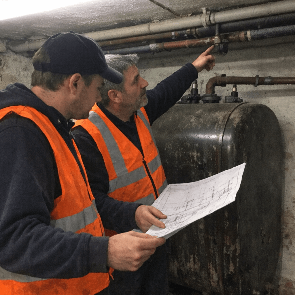 Zwei SHK-Fachkräfte besprechen vor einem Servicefahrzeug die nächsten Arbeitsschritte anhand eines Auftragszettels