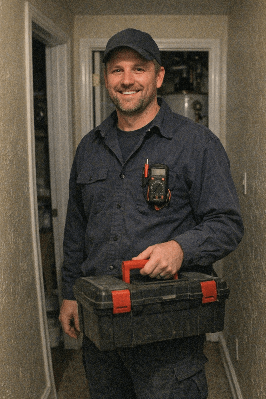 Handwerker entlüftet einen Heizkreisverteiler der Fußbodenheizung in einem Hauswirtschaftsraum