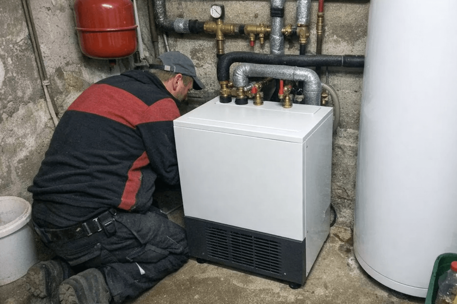 Installateur trägt eine neue Inneneinheit einer Wärmepumpe in einen Technikraum, im Hintergrund steht die demontierte Altanlage